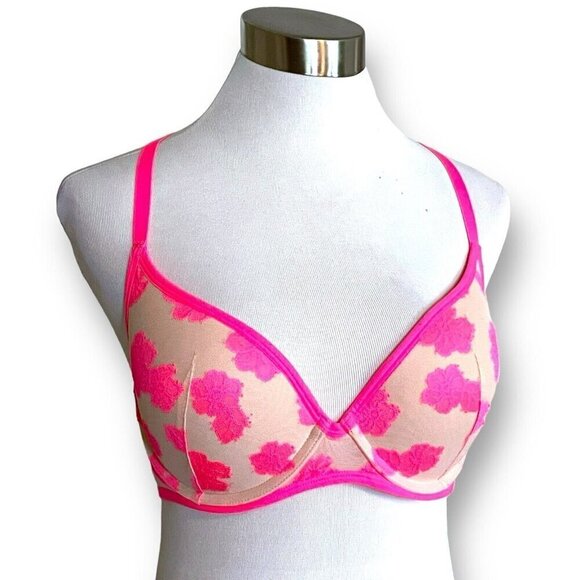 Victorias Secret 36C Bra Pink Tan Floral Lace Padded Push Up Underwire Racerback - Picture 1 of 7